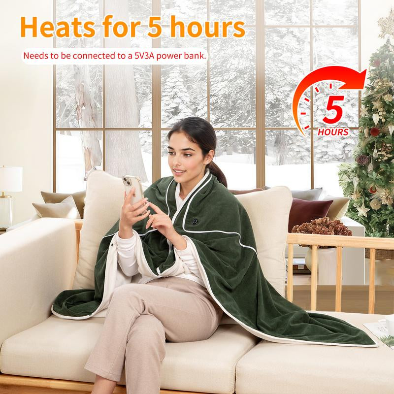 4 in 1 Portable USB Heated Blanket Pillow Shawl (No Power Bank) and Pad, 3 Heat Settings, Fast Warming for Home Office Car Travel with Built-In Heater