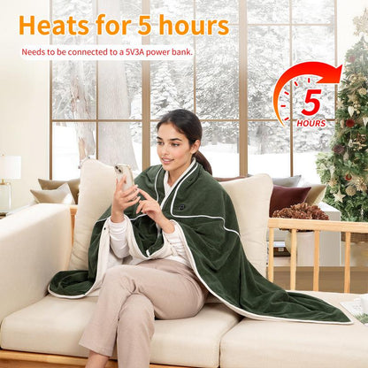 4 in 1 Portable USB Heated Blanket Pillow Shawl (No Power Bank) and Pad, 3 Heat Settings, Fast Warming for Home Office Car Travel with Built-In Heater