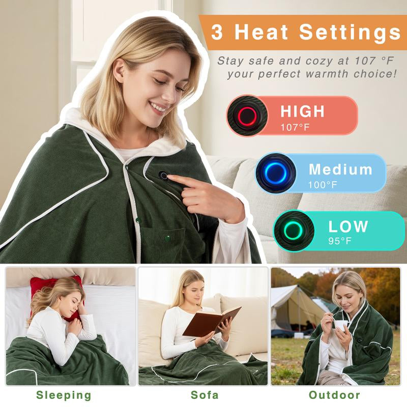 4 in 1 Portable USB Heated Blanket Pillow Shawl (No Power Bank) and Pad, 3 Heat Settings, Fast Warming for Home Office Car Travel with Built-In Heater