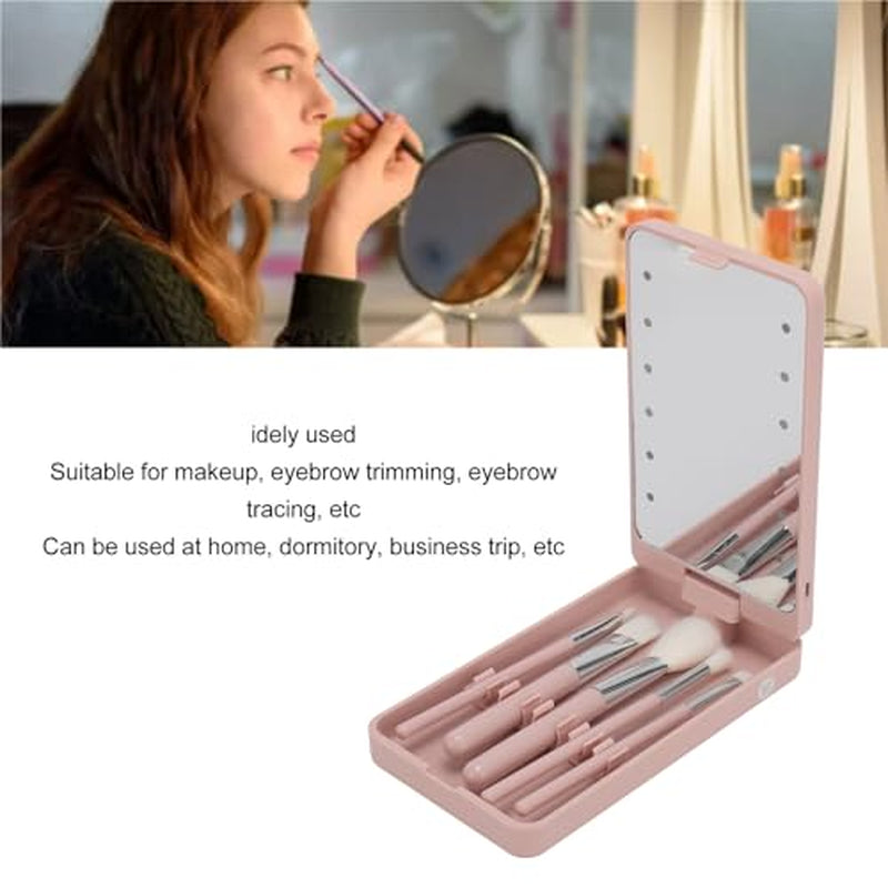 LED Makeup Mirror with Rotating and Folding Brush Set, High Clarity Cosmetic Brushes Kit with Built in Storage Compartment, Multifunctional, Suitable for Home and Travel