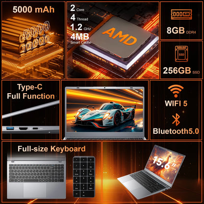 15.6" Windows 11 Laptop, Dual 8GB RAM, 256GB SSD, AMD 3020E Processor with 2 Cores up to 2.6Ghz, with Office 2024, 1920X1080 Display Wifi5 BT5.0 for Student, Home Office, Business