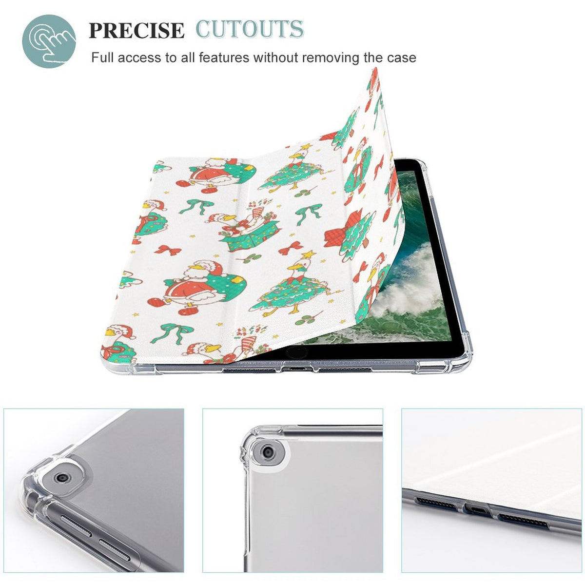 A white protective iPad compatible case with a white interior folio cover printed with a colorful Christmas-themed pattern of Santa Claus, trees, and ornaments. The main product shot is centered on a white background, with three small detail panels along the bottom showing the case edges and camera cutout.