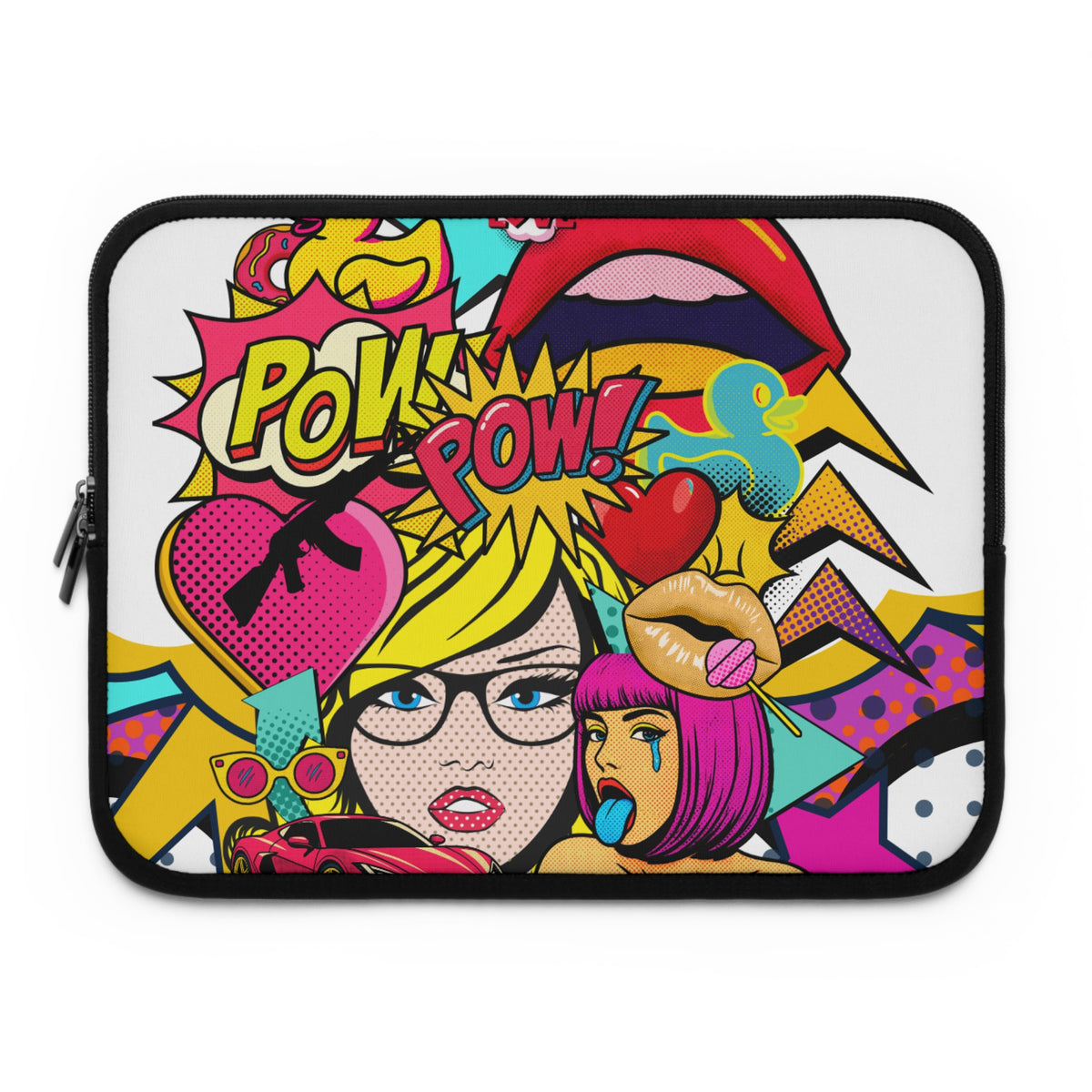 A laptop sleeve featuring a vibrant pop-art comic book illustration with the words 'POW! POW!' in yellow, a blonde character with glasses, a pink-haired character with blue tears, and bold multicolor graphic elements on a white background.