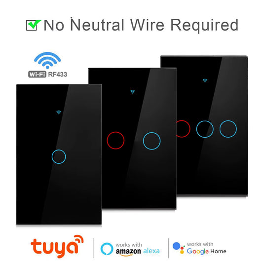 Smart Wifi Touch Switch No Neutral Wire Required Smart Home 1/2/3 Gang Light Switch 100-240V Works with Alexa Hey Google