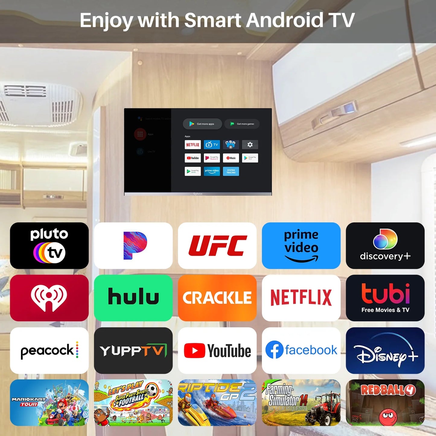 Smart RV TV, 24 Inch Android TV with Built-In DVD Player, 12 Volt TV for RV Camper, 1080P FHD, APP Store, Wifi Bluetooth, 2 HDMI & 2 USB, AC/DC Powered (Limo Series)