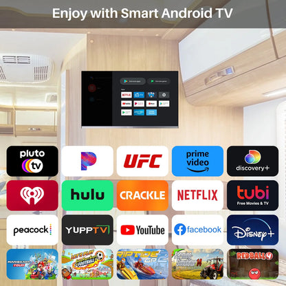 Smart RV TV, 24 Inch Android TV with Built-In DVD Player, 12 Volt TV for RV Camper, 1080P FHD, APP Store, Wifi Bluetooth, 2 HDMI & 2 USB, AC/DC Powered (Limo Series)
