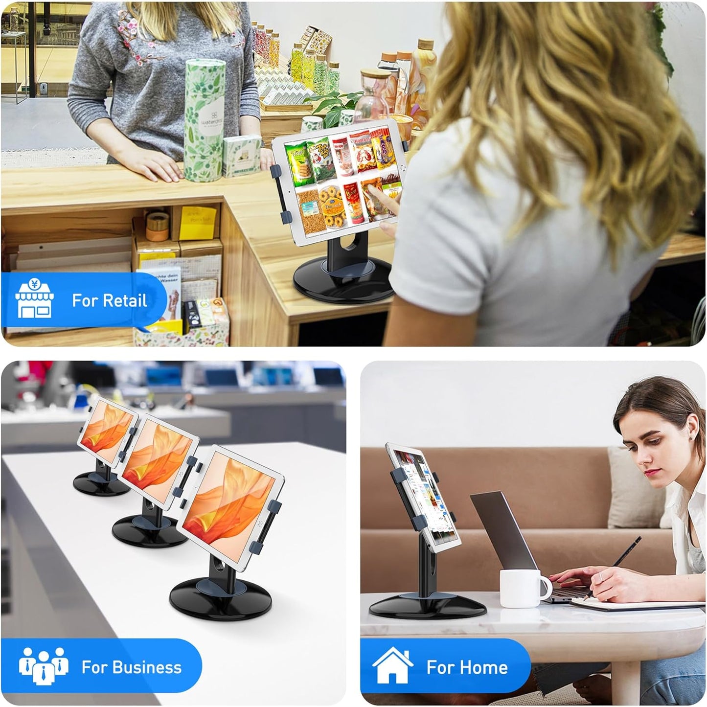 Retail Kiosk Ipad Stand, 360° Rotating Commercial POS Tablet Stand, Fits 6"-13" (Screens) Ipad Mini Pro-Business Swivel Tablet Holder, for Store Office Reception Kitchen Desktop (Black)