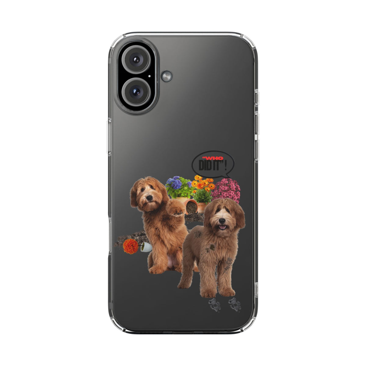 A clear protective phone case with a printed graphic of two brown poodles, colorful flowers, and paw prints on a dark gray phone, shown against a plain white background.