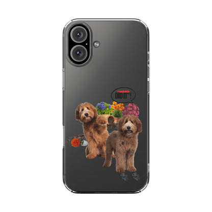 A clear protective phone case with a printed graphic of two brown poodles, colorful flowers, and paw prints on a dark gray phone, shown against a plain white background.