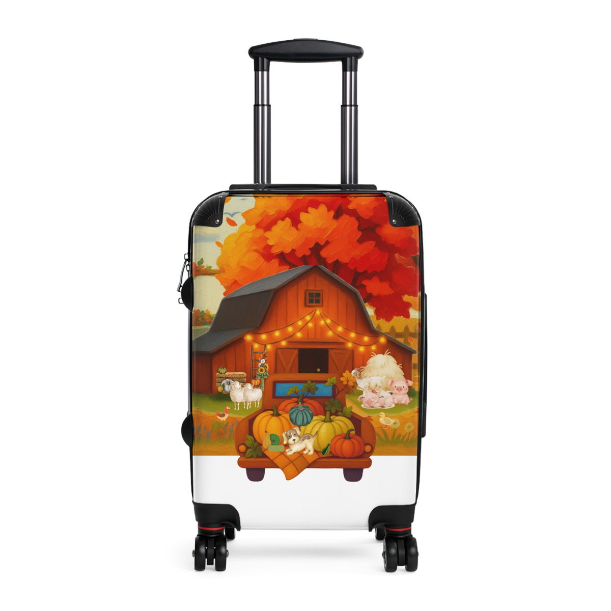 A hard-shell rolling suitcase with an extended telescoping handle and four spinner wheels, featuring a colorful autumn-themed illustration on the exterior. The print shows a red barn, orange maple leaves, pumpkins, sheep, and a dog in a truck, set against a clean white background.