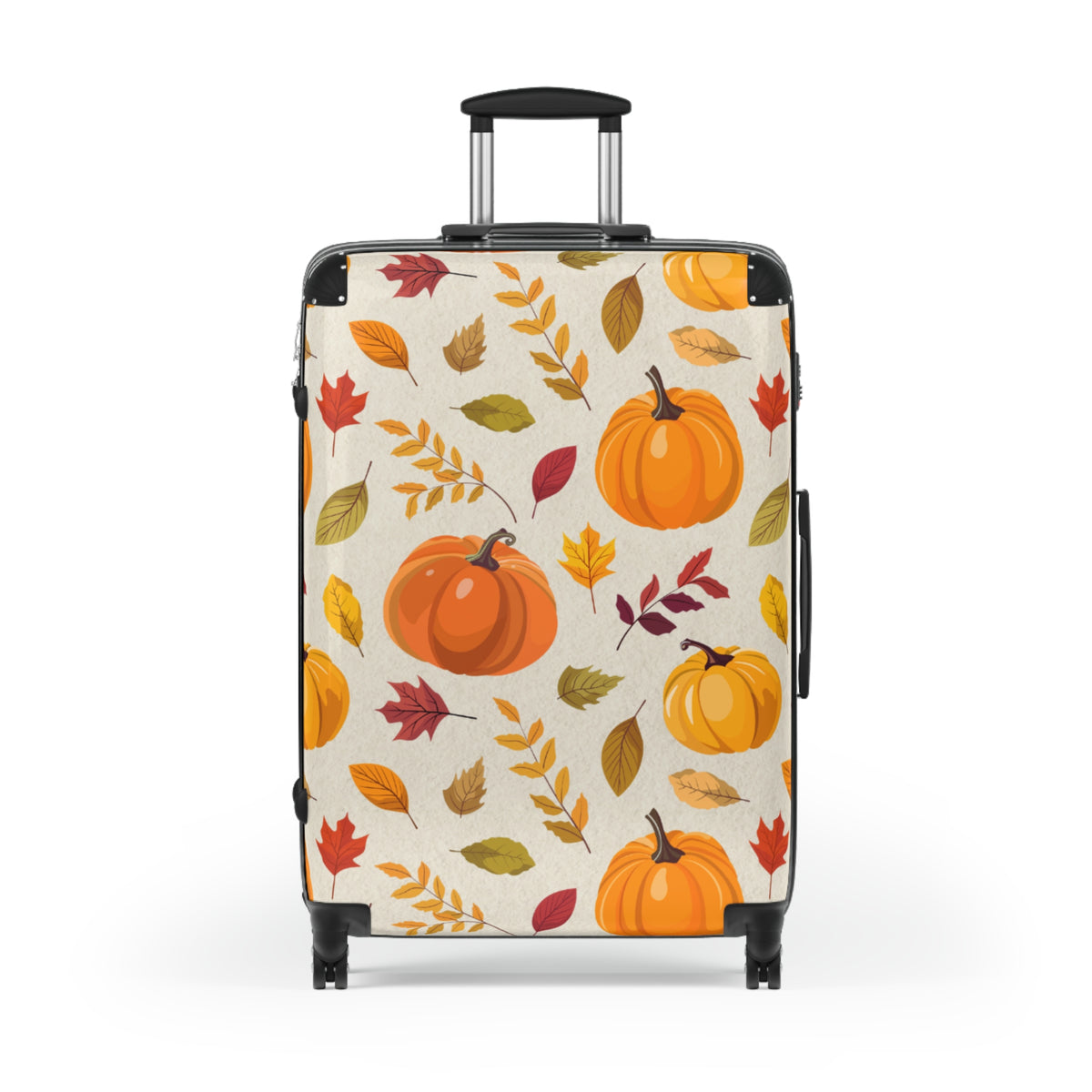 A hard-shell suitcase with an autumn-themed pattern featuring orange pumpkins and colorful leaves on a cream background, shown on a white studio background.
