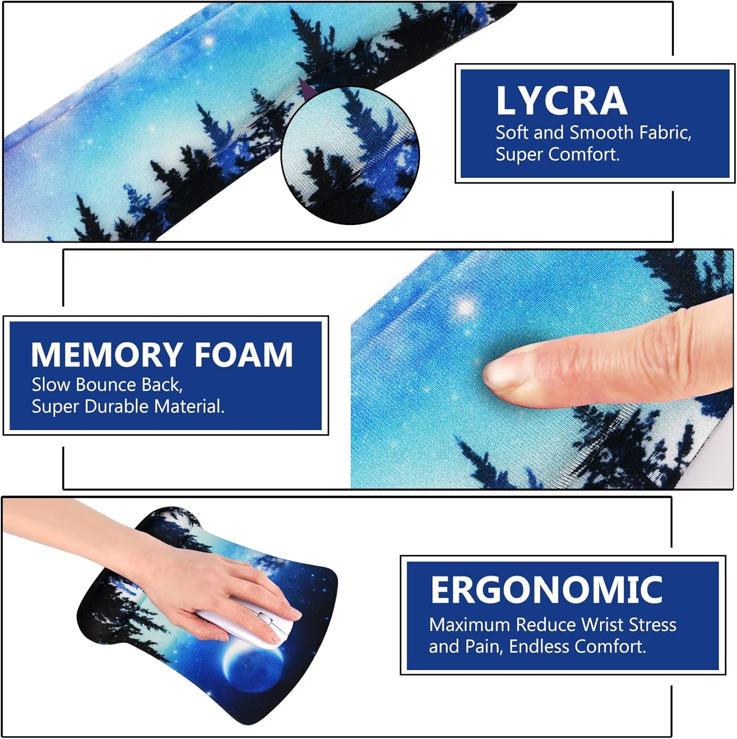 Ergonomic Keyboard Wrist Rest and Mouse Pad with Wrist Support Set, Memory Foam Non-Slip Rubber Base, for Gaming, Working, Home, Office, Easy Typing, Pain Relief, Forest Moon Sky