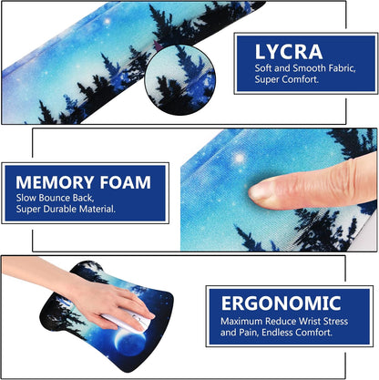 Ergonomic Keyboard Wrist Rest and Mouse Pad with Wrist Support Set, Memory Foam Non-Slip Rubber Base, for Gaming, Working, Home, Office, Easy Typing, Pain Relief, Forest Moon Sky