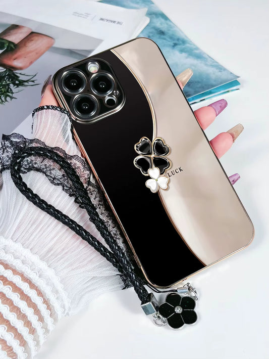 Luxury Plating Lucky Four-Leaf Clover Flower Lanyard Phone Case for Iphone 17 16 15 14 plus 13 12 11 Pro Max X XS Back Cover