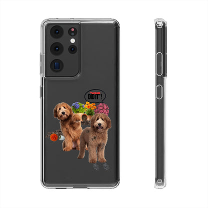 A clear smartphone case shown from the back and side on a white background. The back features a printed graphic of two brown dogs with colorful flowers and a speech bubble that says 'DID IT!'.