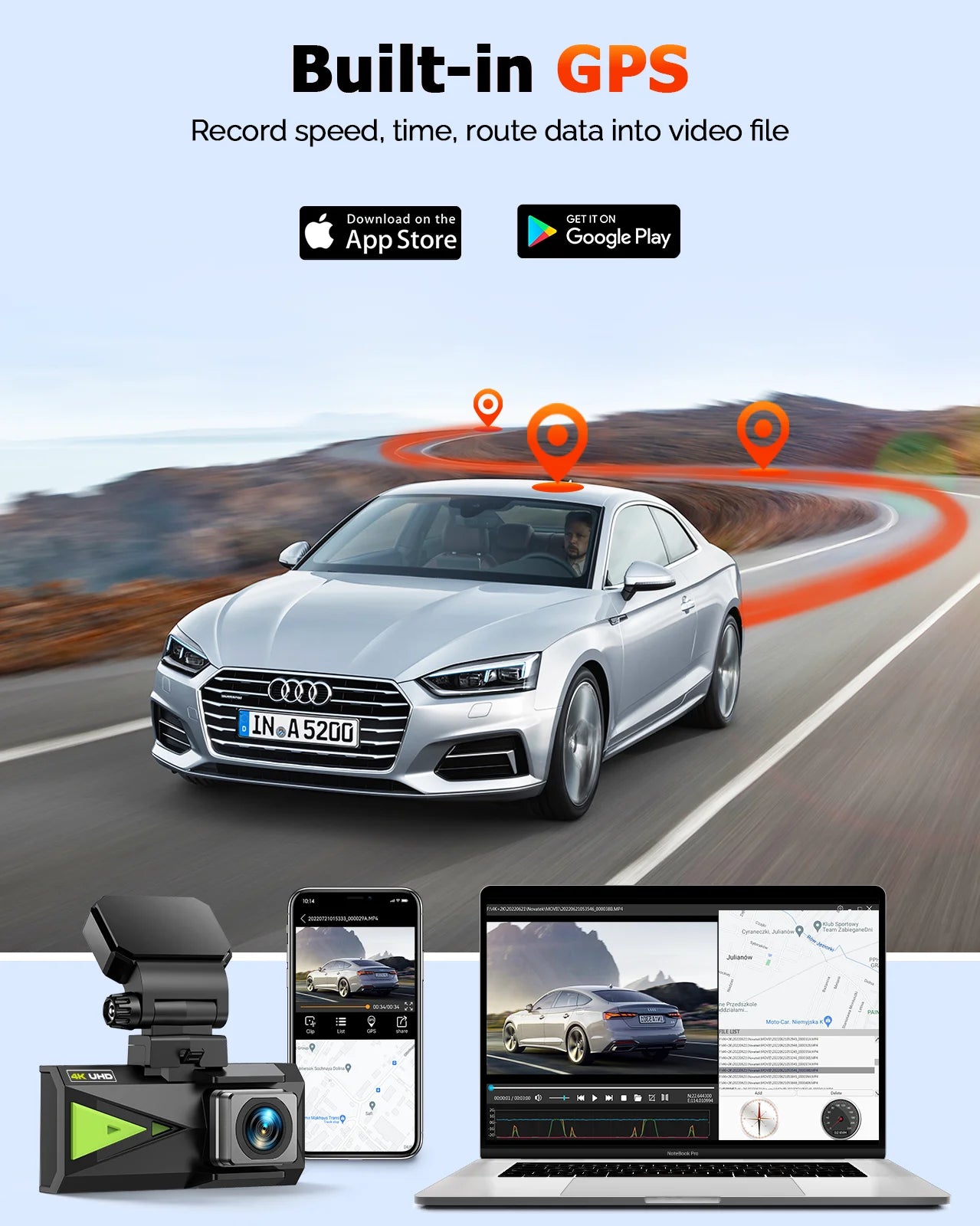 Dash Cam Front and Rear, Dual Car Camera 5Ghz Wifi with GPS, Dash Camera for Cars with 128G SD Card, G-Sensor, APP, Night Vision