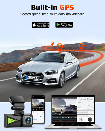 Dash Cam Front and Rear, Dual Car Camera 5Ghz Wifi with GPS, Dash Camera for Cars with 128G SD Card, G-Sensor, APP, Night Vision