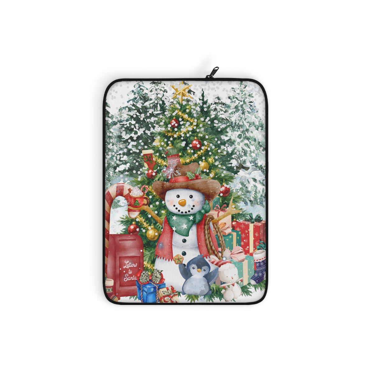 A laptop sleeve featuring a festive Christmas scene with snowmen, a decorated Christmas tree, snow, and wrapped gifts, shown on a plain white background.