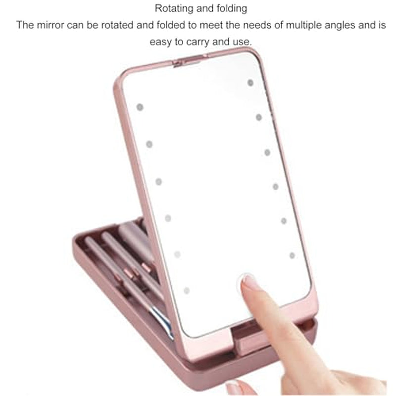 LED Makeup Mirror with Rotating and Folding Brush Set, High Clarity Cosmetic Brushes Kit with Built in Storage Compartment, Multifunctional, Suitable for Home and Travel