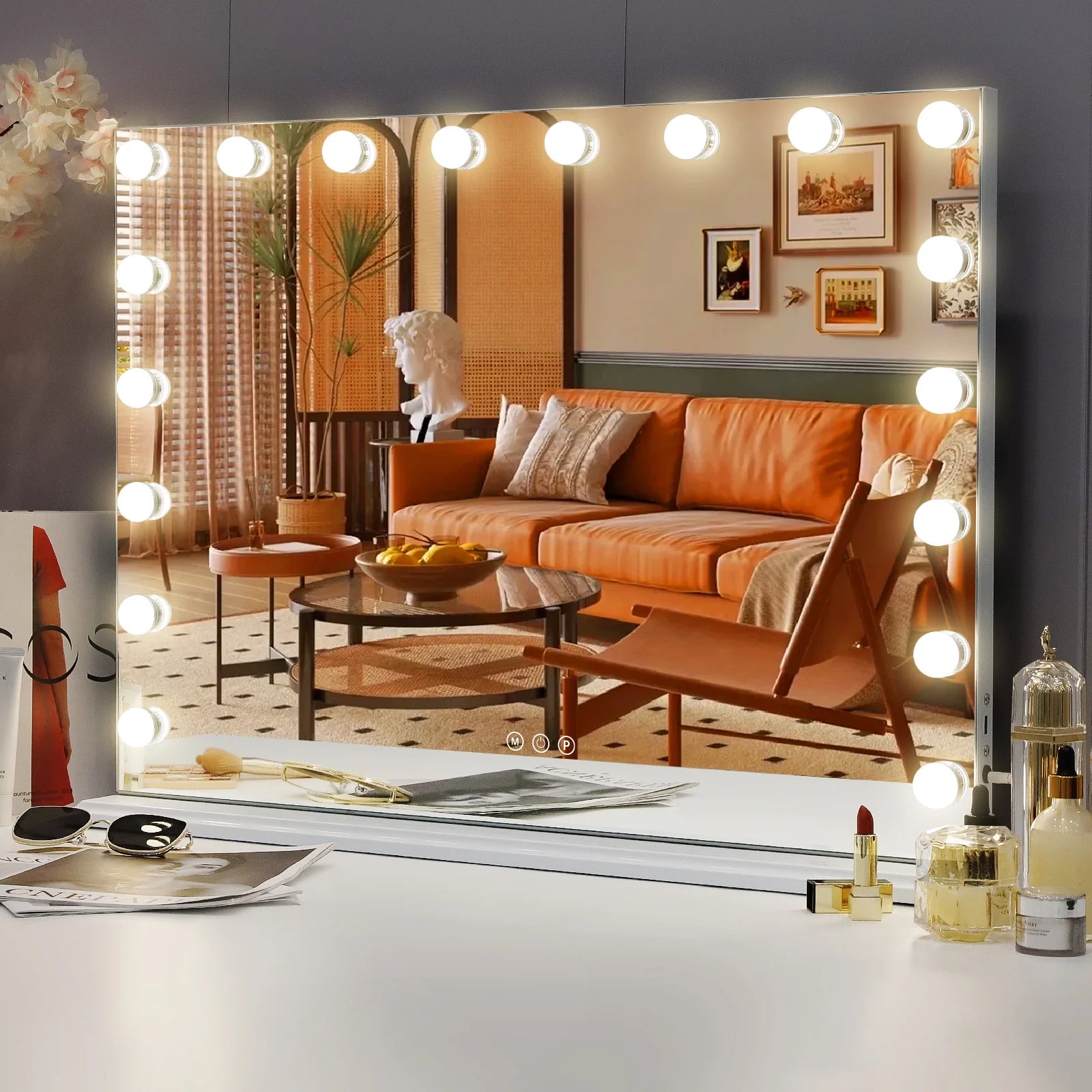 32"X23" Vanity Mirror with Lights USB Charging Tabletop Wall Mount Metal White