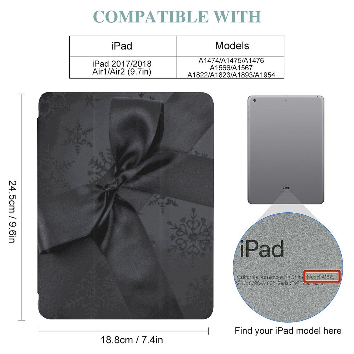 Compatibility graphic for an iPad case, showing a dark gray patterned case wrapped in a large satin bow, a small rear view of an iPad, and a circular inset with an iPad logo detail. Text at the top reads 'COMPATIBLE WITH' with iPad models listed and dimensions for the case.