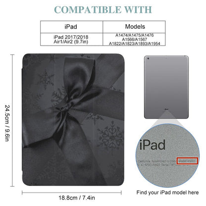 Compatibility graphic for an iPad case, showing a dark gray patterned case wrapped in a large satin bow, a small rear view of an iPad, and a circular inset with an iPad logo detail. Text at the top reads 'COMPATIBLE WITH' with iPad models listed and dimensions for the case.