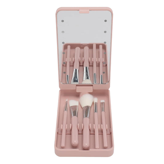 LED Makeup Mirror with Rotating and Folding Brush Set, High Clarity Cosmetic Brushes Kit with Built in Storage Compartment, Multifunctional, Suitable for Home and Travel
