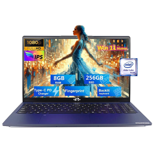 15.6'' FHD Laptop Computer, Windows 11, Intel N100 Processor(Beat to I3 1115G4, up to 3.4Ghz), 8GB RAM 256GB SSD, Fingerprint, Backlit Keyboard, Type-C 65W PD Fast Charger (Blue)