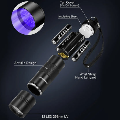 2 Pcs Multifunctional UV Flashlight 12Leds Ultraviolet Blacklight Pet Dog Stain & Urine Detector Light Torch Ultra Violet Flashlight - 3.8*1.2*1.2Inches