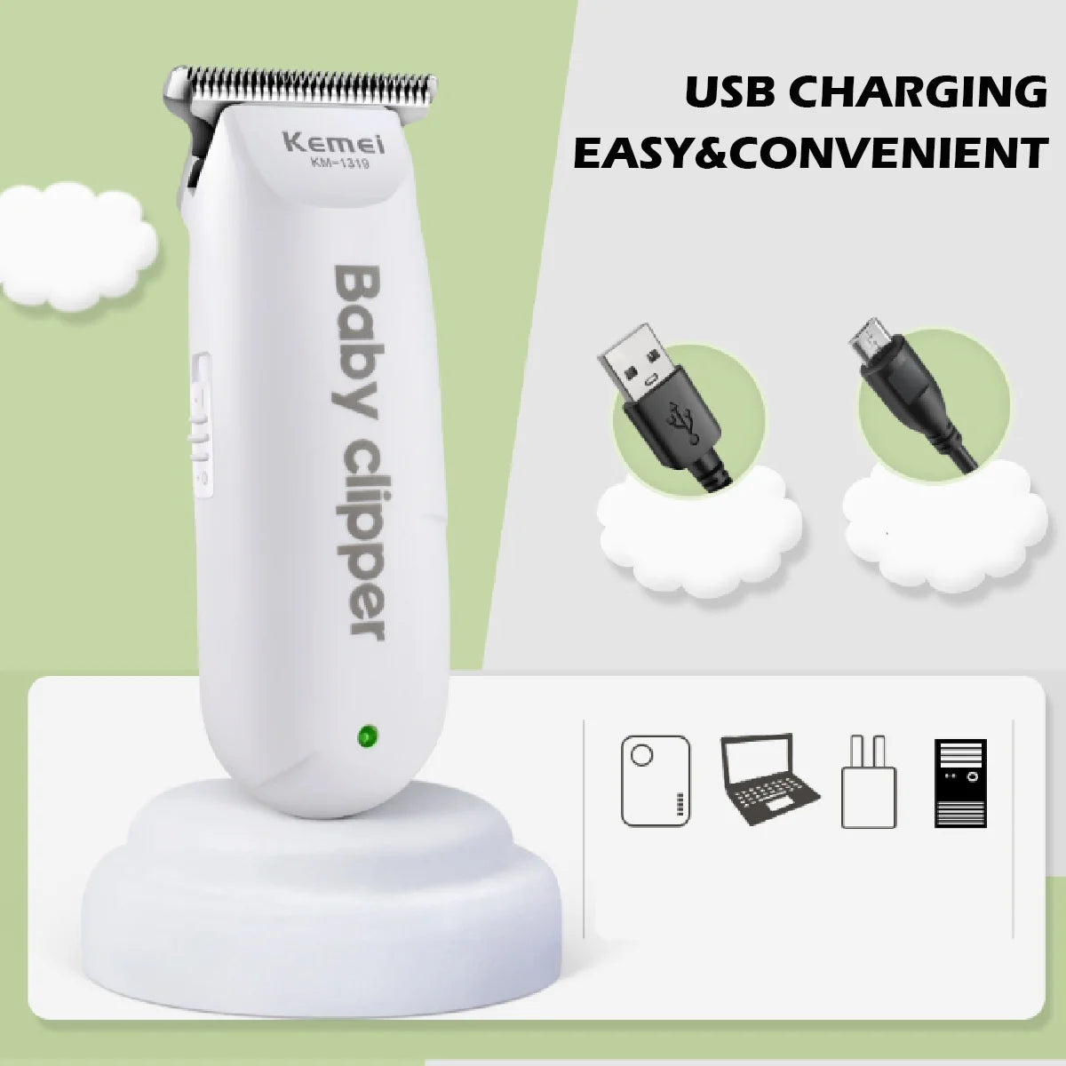 Baby Hair Clippers KM-1319 Mini Portable Electric Baby Hair Trimmer USB Rechargeable Hair Clipper Kids Hair Cutting Quiet Infant Household Shaver