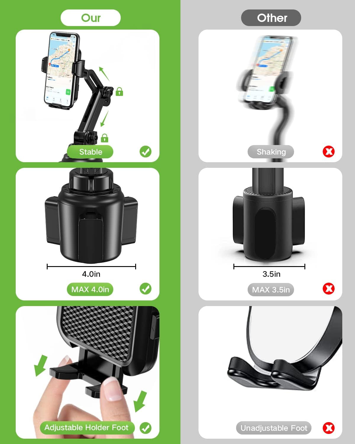 2025 Upgraded Cup Phone Holder for Car, Universal No Shaking Cup Holder Phone Mount with Expandable Base for Car Truck, Adjustable Holders,Compatible with Iphone Samsung All Phones: 1 Pack