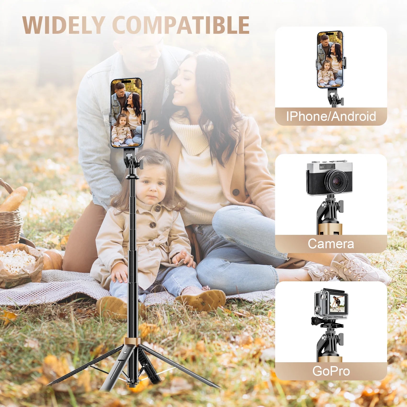 Selfie Stick Phone Tripod - 71 Inch Tall Cell Phone Holder with Remote, Phone Stand with 1/4 Inch Screw Mount for Recording, Compatible with Iphone, Android Phone, Camera & Gopro