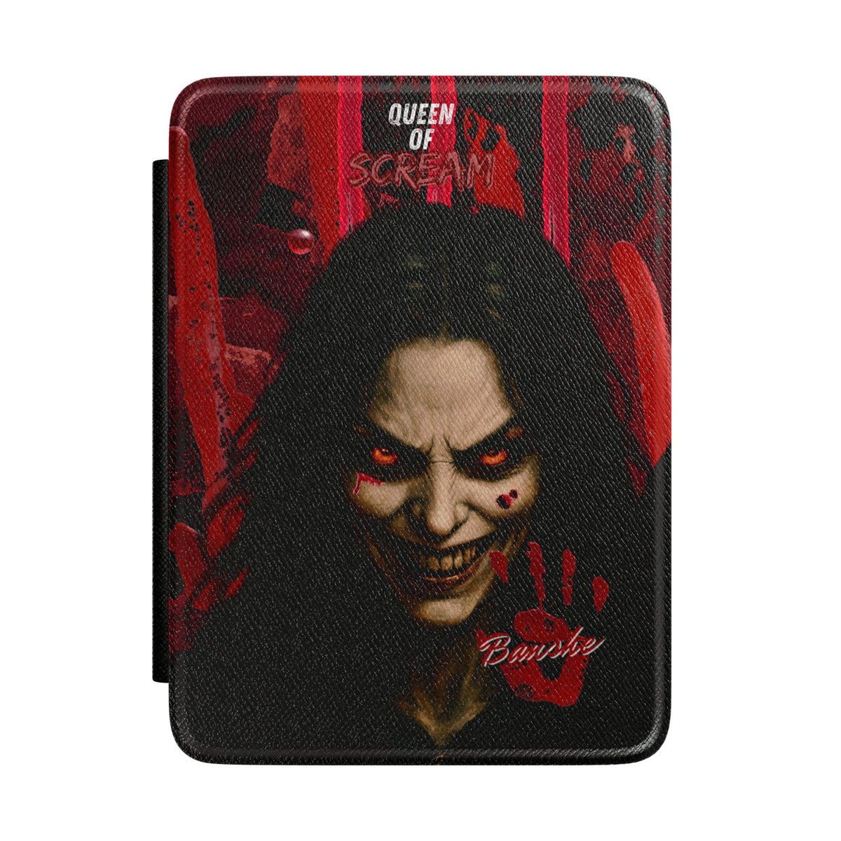 A protective tablet case featuring a graphic print of the character 'Queen of Scream' (Barbie) with a textured black and red design, shown on a plain white background.