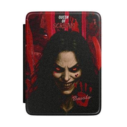 A protective tablet case featuring a graphic print of the character 'Queen of Scream' (Barbie) with a textured black and red design, shown on a plain white background.