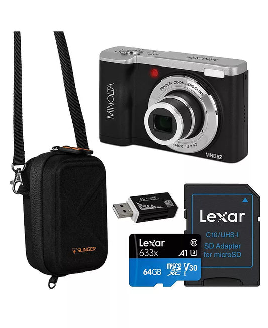 MNB5Z 56MP 5K Ultra HD 2.8" LCD Screen Digital Camera, Black, Bundle with Camera Case, 64GB Memory Card, Multi Card Reader