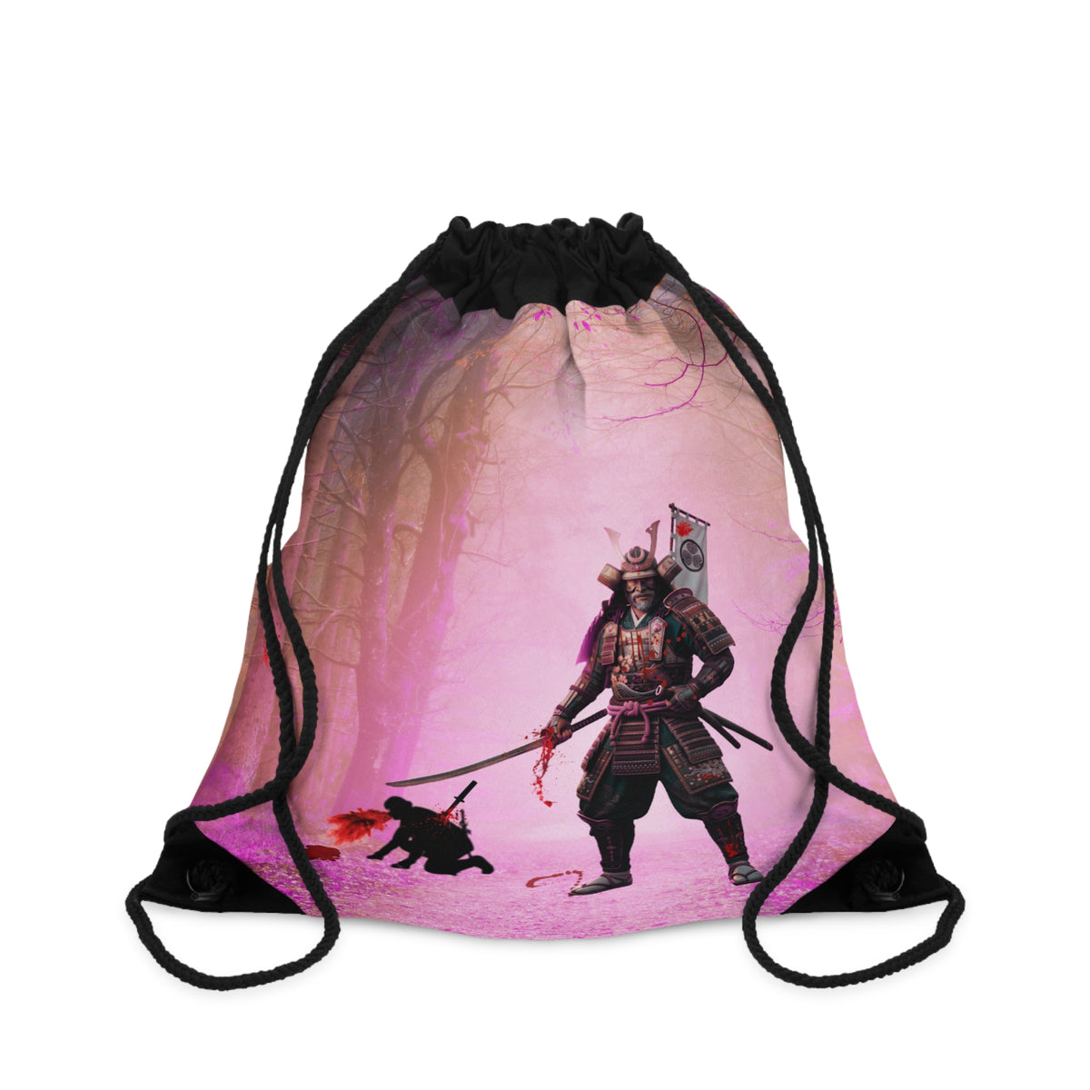 A black drawstring backpack featuring a large pink and purple graphic print of a samurai warrior on a white background.