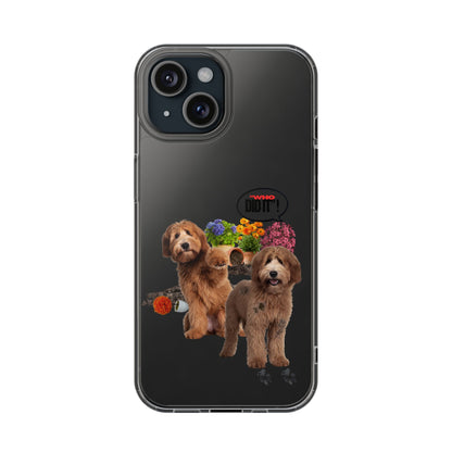 A clear phone case with a printed graphic of two brown poodles and colorful flowers on a black phone back, shown against a plain white background.