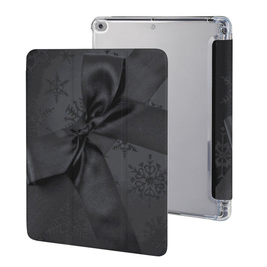 A black protective iPad compatible case with a black gift box and ribbon design, shown from both the back and side views against a white background.