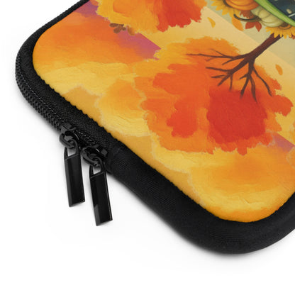 Close-up of a zippered pouch with a black zipper and trim, featuring a colorful autumn leaf print in orange, yellow, and red on a white background.