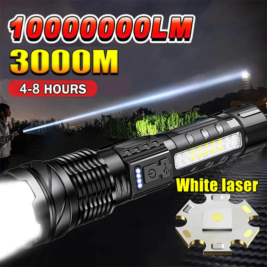 White Laser LED Flashlight: USB Rechargeable, High Power Tactical Torch