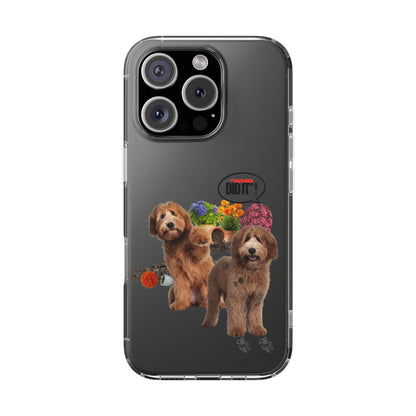 A clear protective phone case for an Phone, featuring a printed graphic of two brown poodle puppies with colorful flowers and a small black 'DO NOT DISTURB' sign on the back.