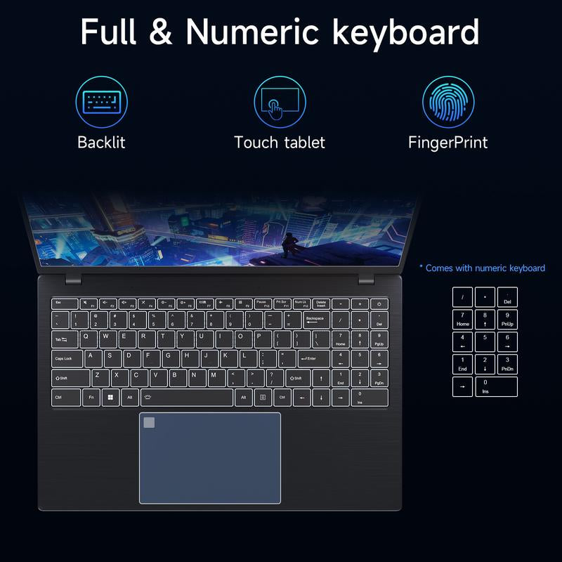 15.6 Inch Business Laptop Notebook PC CPU N5095 16GB RAM 512GB/1TB SSD Storage Windows 11 Fingerprint Recognition Backlit Keyboard
