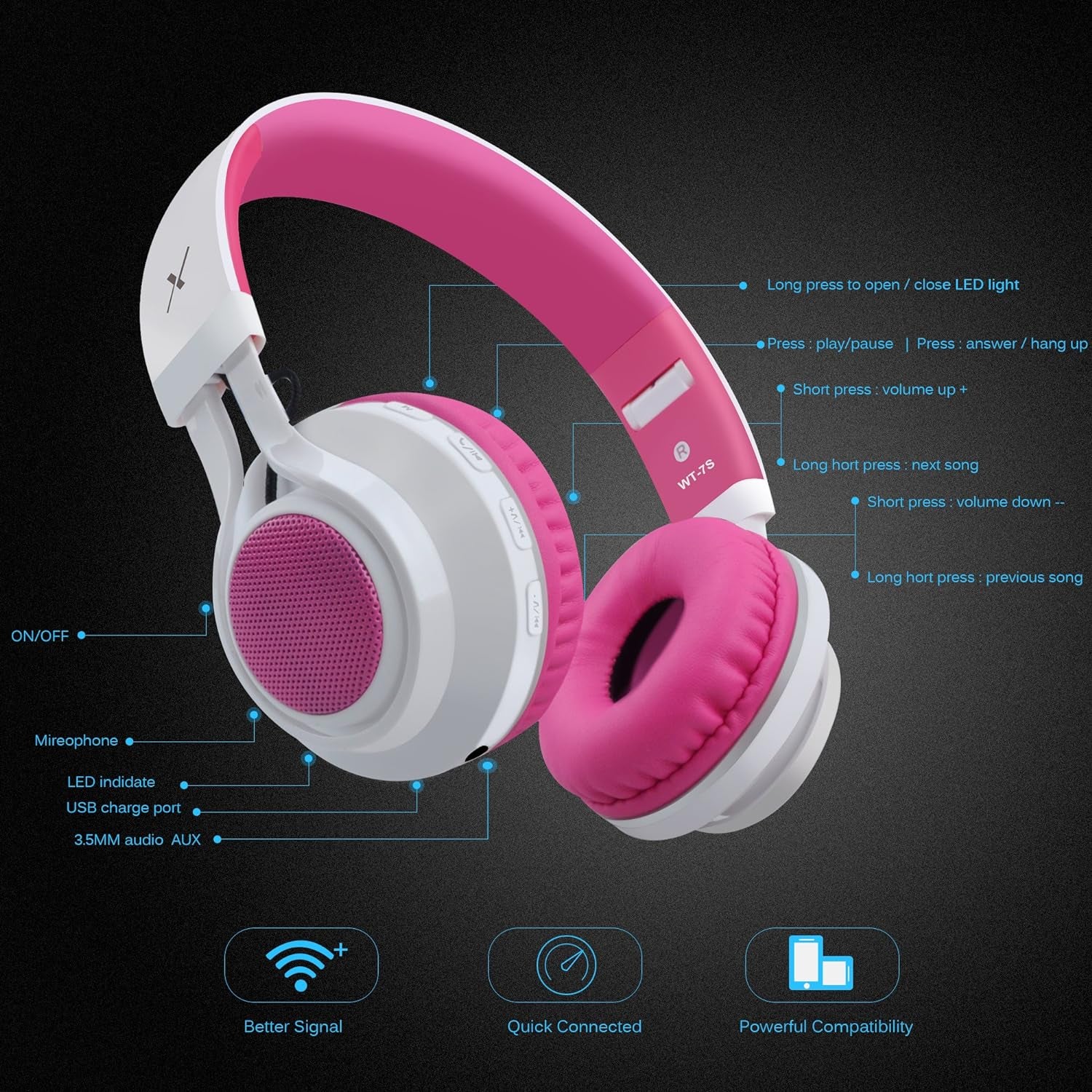 WT-7S Bluetooth Headphones Light Up, Foldable Stero Wireless Headset with Microphone and Volume Control for Pc/Tablet/Tv/Travel (Pink)