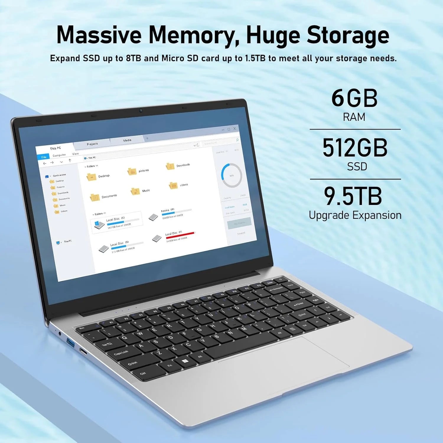 14.1 Inch Lightweight Business Laptop Computer Windows 11 Pro Office 2024 6GB RAM 512GB SSD FHD IPS Display Intel Celeron N4000 for Student, Home Office, Business (Silver)
