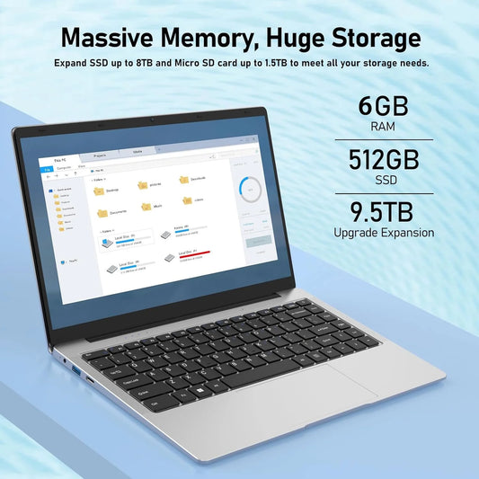 14.1 Inch Lightweight Business Laptop Computer Windows 11 Pro Office 2024 6GB RAM 512GB SSD FHD IPS Display Intel Celeron N4000 for Student, Home Office, Business (Silver)