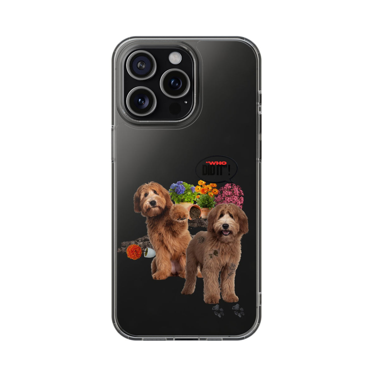 A clear protective phone case for a black smartphone, featuring a printed graphic of two brown poodles with colorful flowers and a small orange ball.
