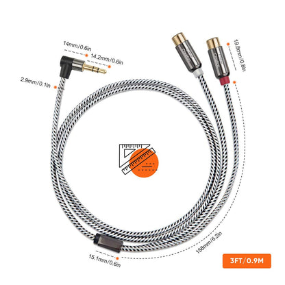 3.5Mm to 2RCA Female Cable, Angle 3.5Mm Mini-Jack to RCA Stereo Audio Y Cable Gold Plated, Compatible with Iphone,Ipod,Mp3,Tablets,Hifi Stereo System, Speaker,3Ft/0.92M