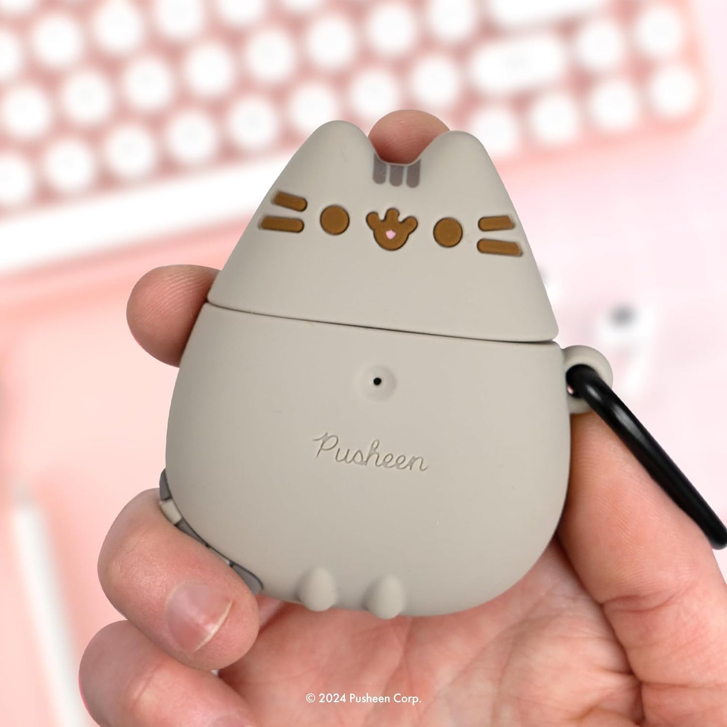 X Pusheen the Cat [ Compatible with Airpods 1/2 ] Cute Silicone Protective Cover [Carabiner Clip Included] [Wireless Charging Capable] - Standing