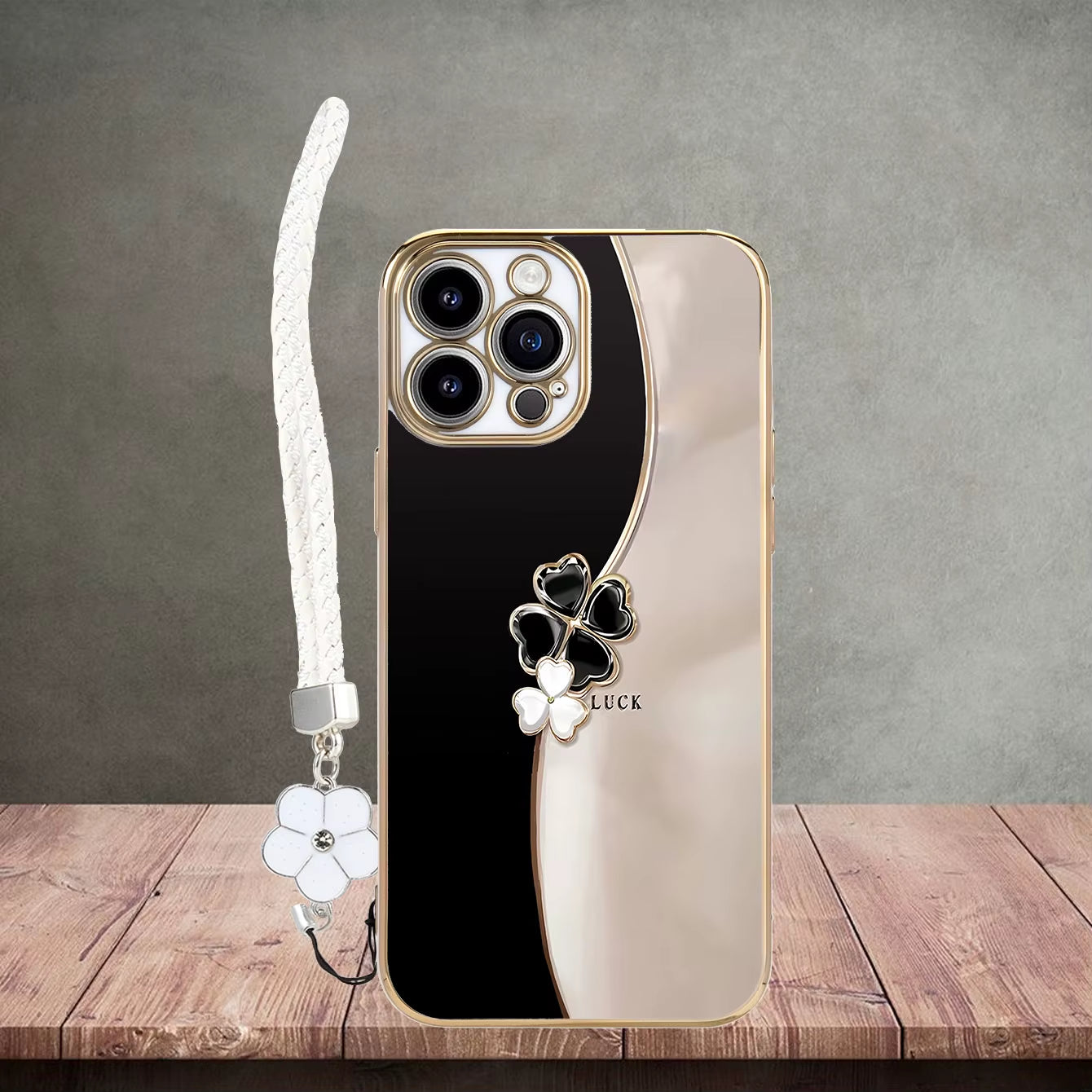 Luxury Plating Lucky Four-Leaf Clover Flower Lanyard Phone Case for Iphone 17 16 15 14 plus 13 12 11 Pro Max X XS Back Cover