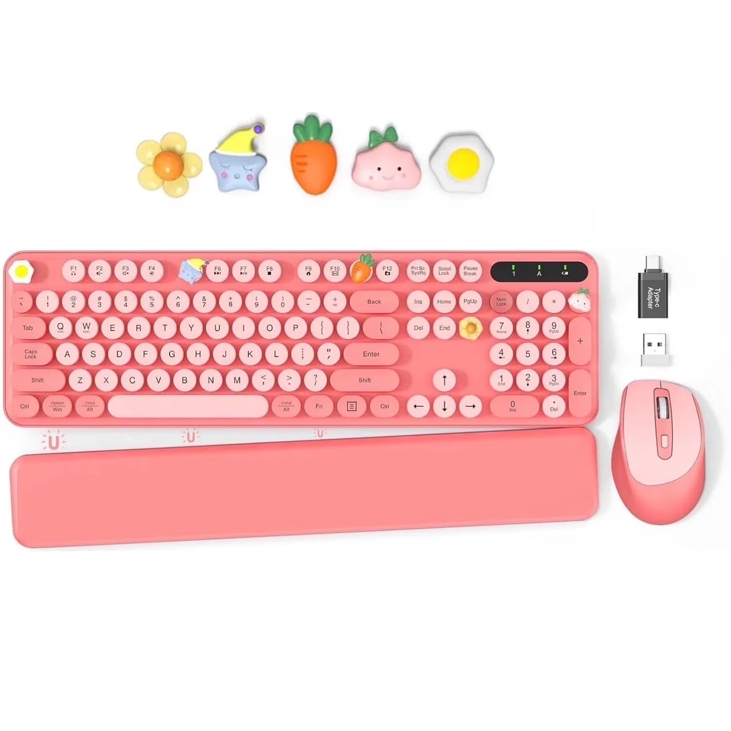 Wireless Keyboard Mouse Combo - Retro Typewriter Design, Detachable Wrist Rest, 2.4G Wireless for Women, Pc/Laptop/Windows - Blush Pink